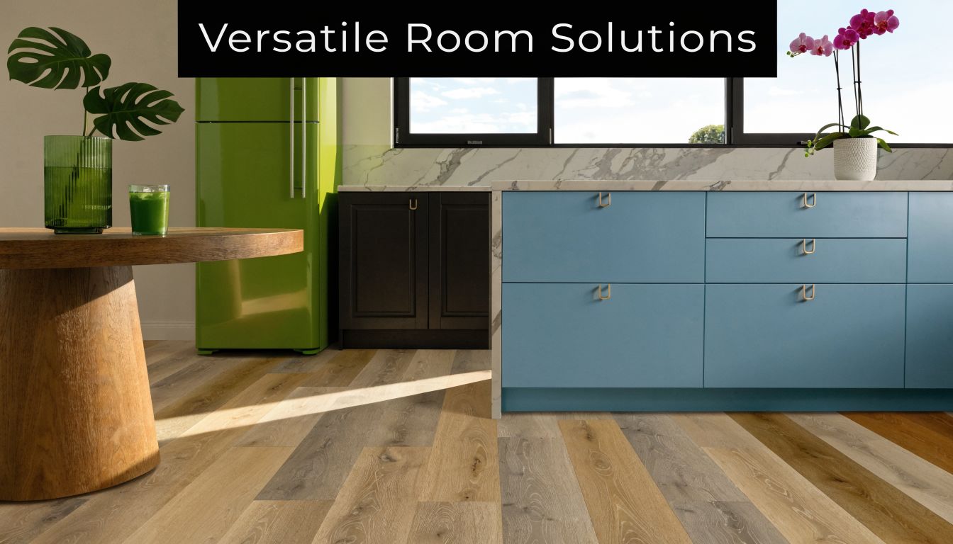 A modern kitchen interior featuring multicolored engineered hardwood flooring, a green refrigerator, and blue cabinets.
