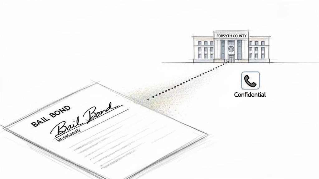 A bail bond document connects via a dotted line to the Forsyth County courthouse and a confidential phone icon.