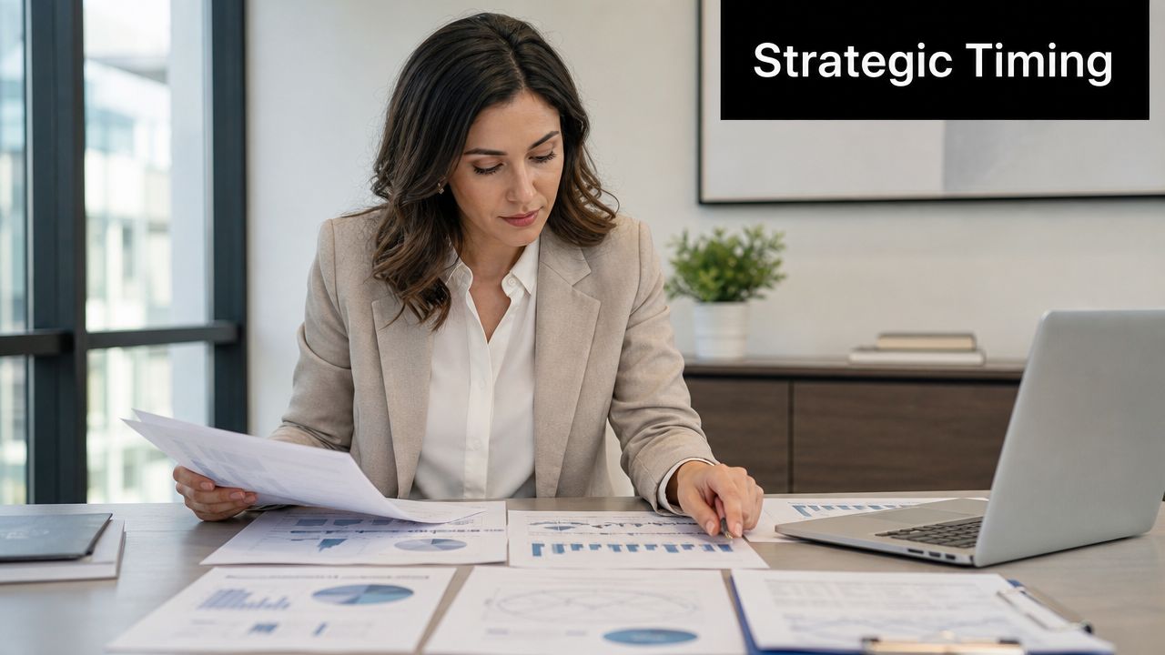 A professional woman in a beige blazer reviews financial documents and business charts at her desk.