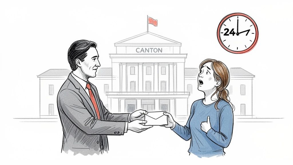 A man in a suit gives an official envelope to a distressed woman near a government building and a '24' clock.