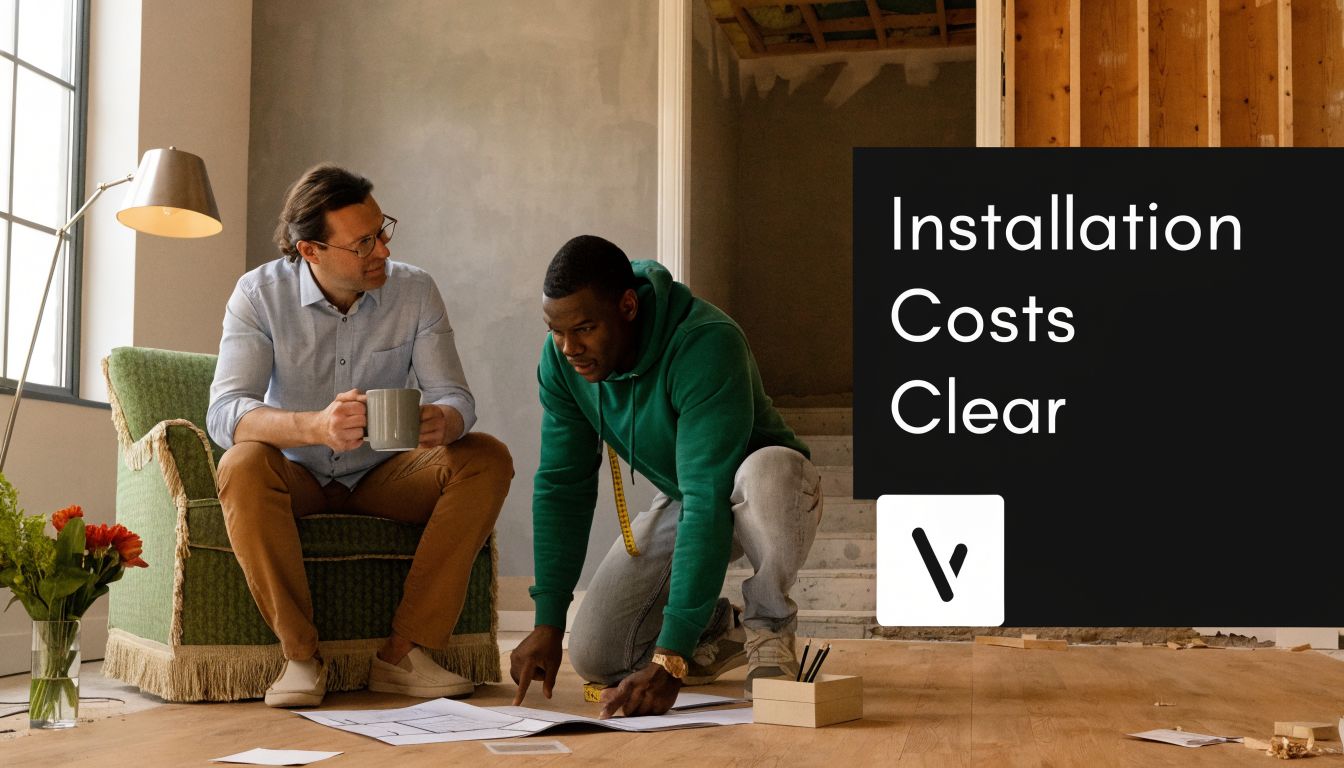 A professional interior designer and contractor reviewing floor plans during a home renovation project.