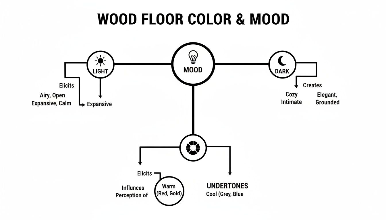 Diagram illustrating how wood floor color, including light, dark, and undertones, influences mood and perception.