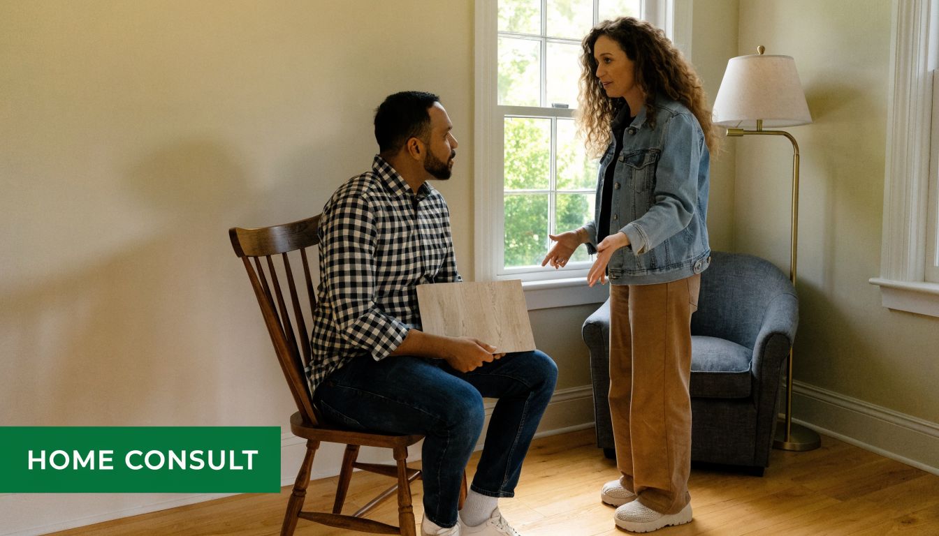 A professional interior designer discusses new flooring options with a client in a bright, modern living space.