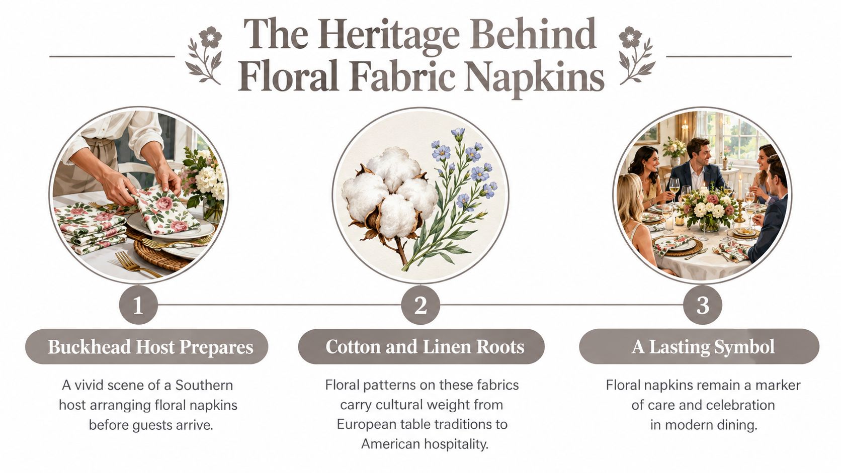 An infographic showing the cultural heritage of floral fabric napkins in three steps including preparation and usage.