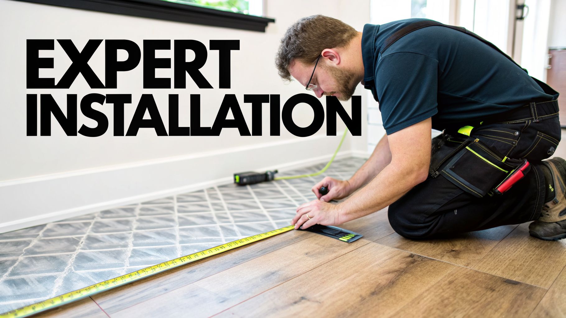 A man carefully measures new wood flooring during an expert installation next to patterned tile.