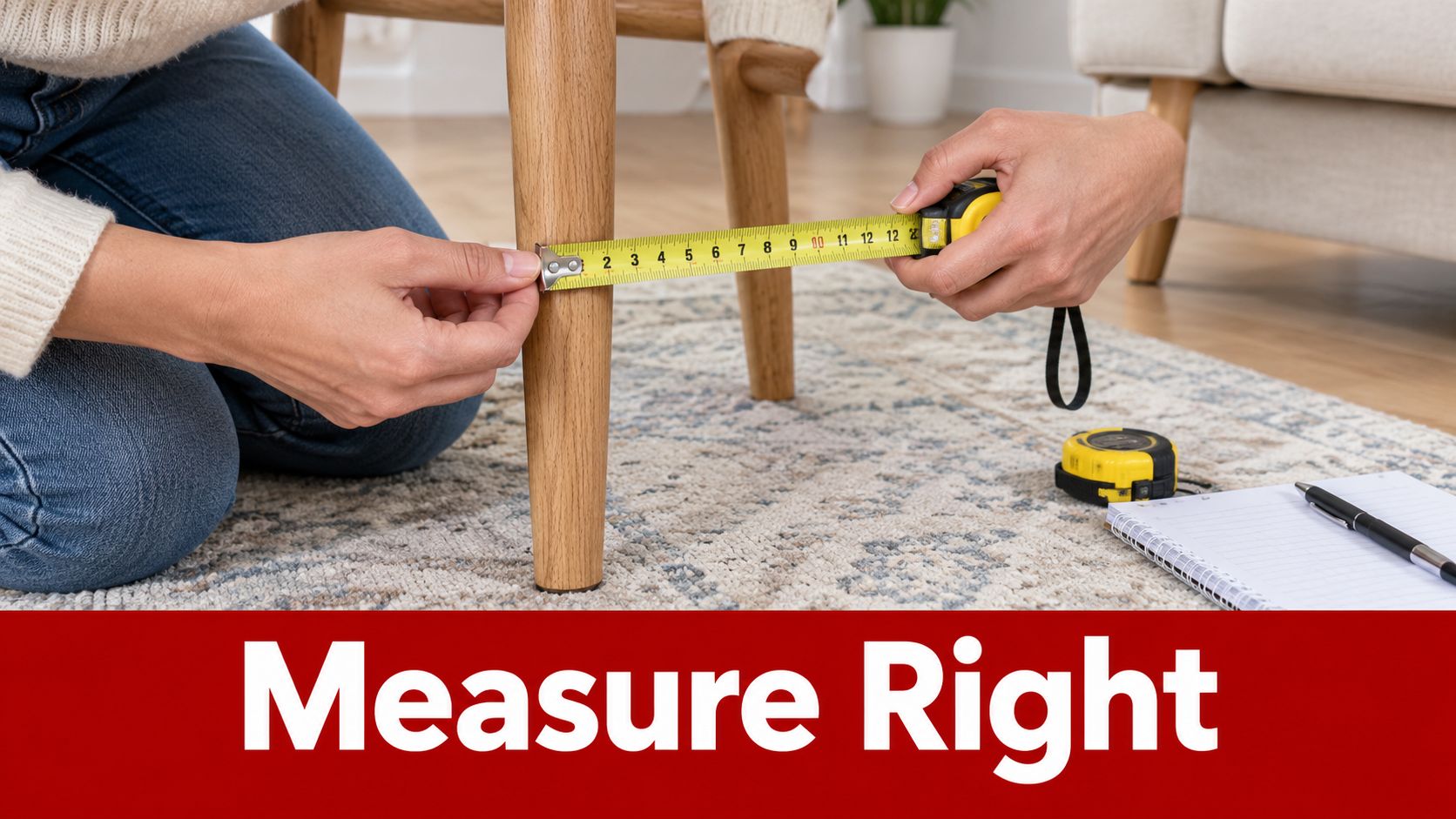 A person kneeling on a rug, accurately measuring the wooden leg of a piece of furniture.