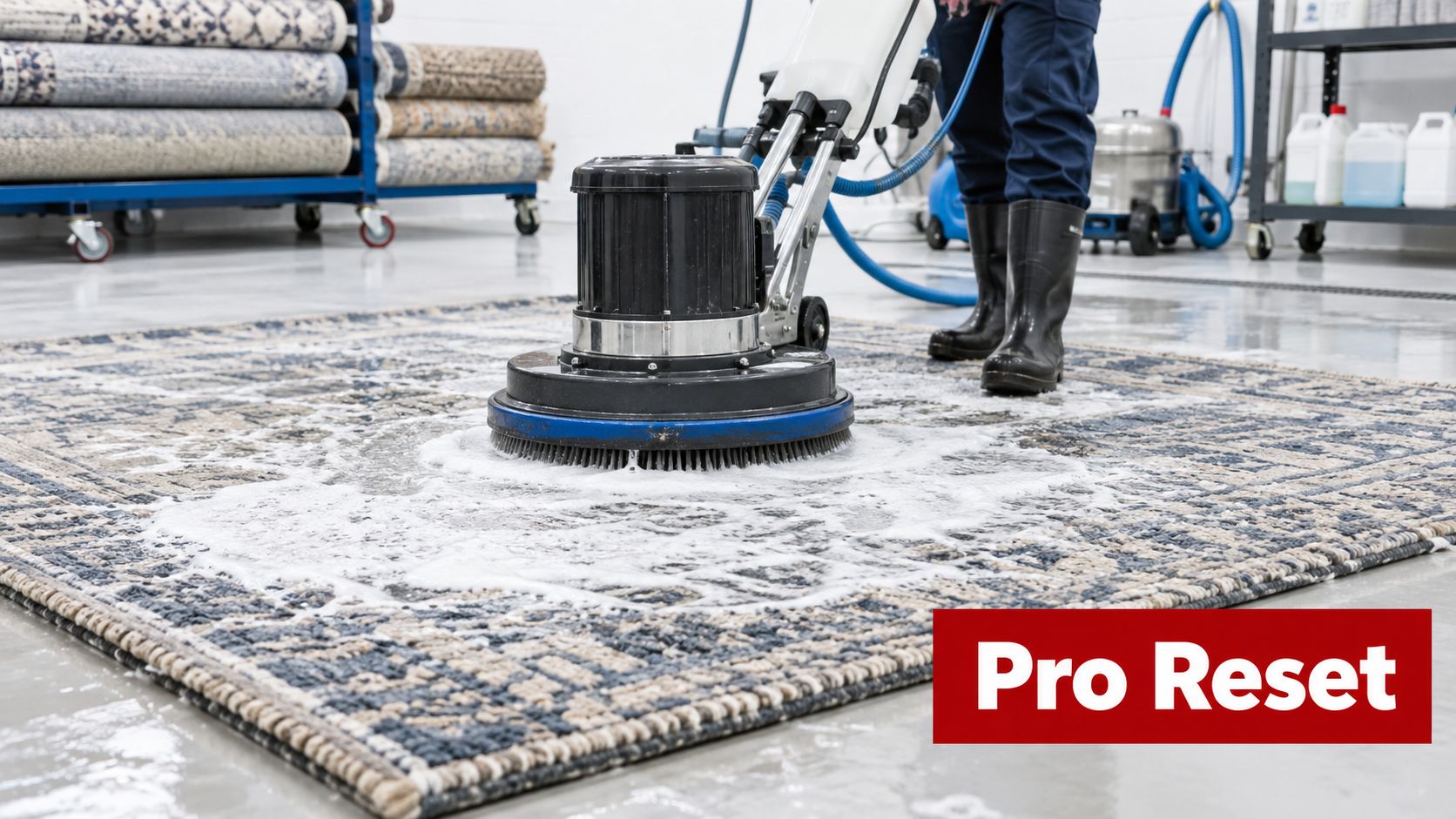 A professional cleaner uses a rotary carpet scrubbing machine on a rug in a clean facility.
