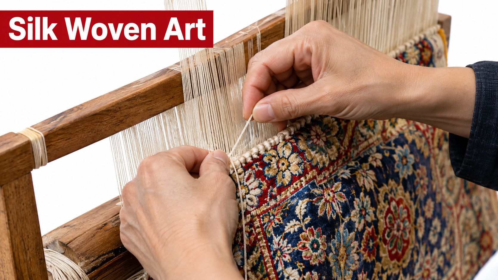 A close up view of an artisan weaving an intricate floral pattern into a silk rug