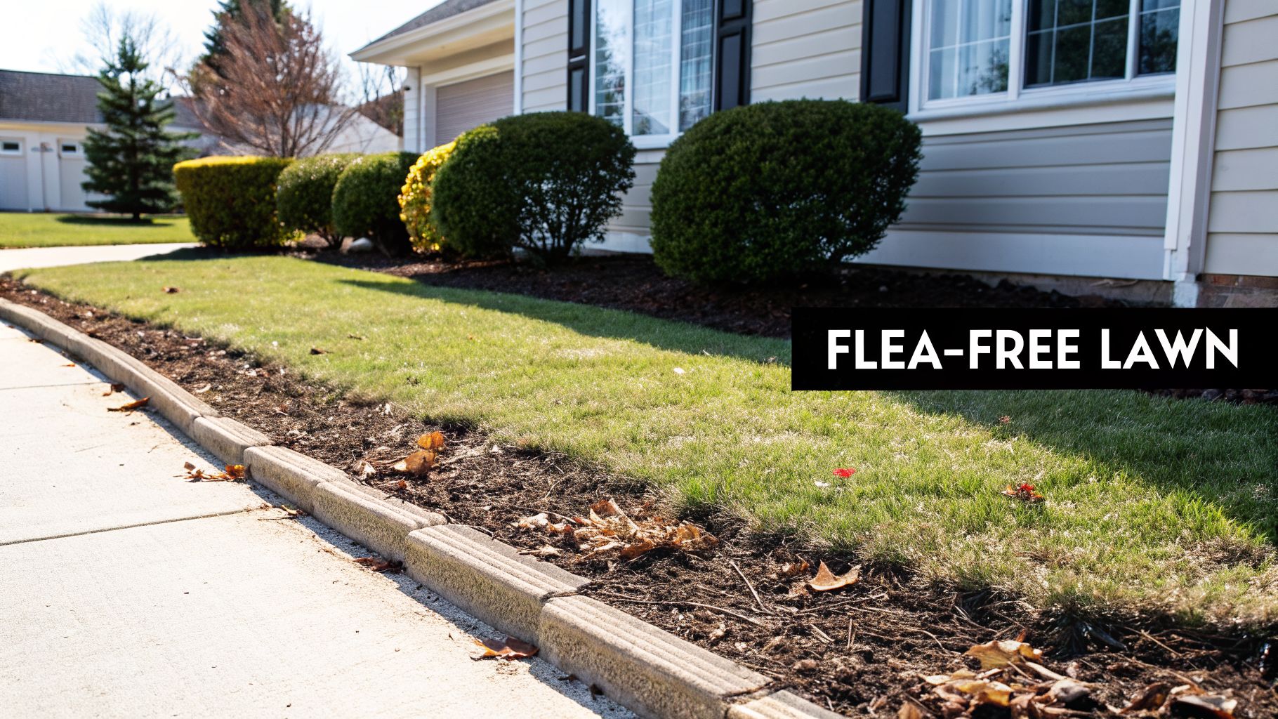 A green, manicured lawn next to a house with shrubs and a sidewalk, featuring a 'Flea-Free Lawn' sign.