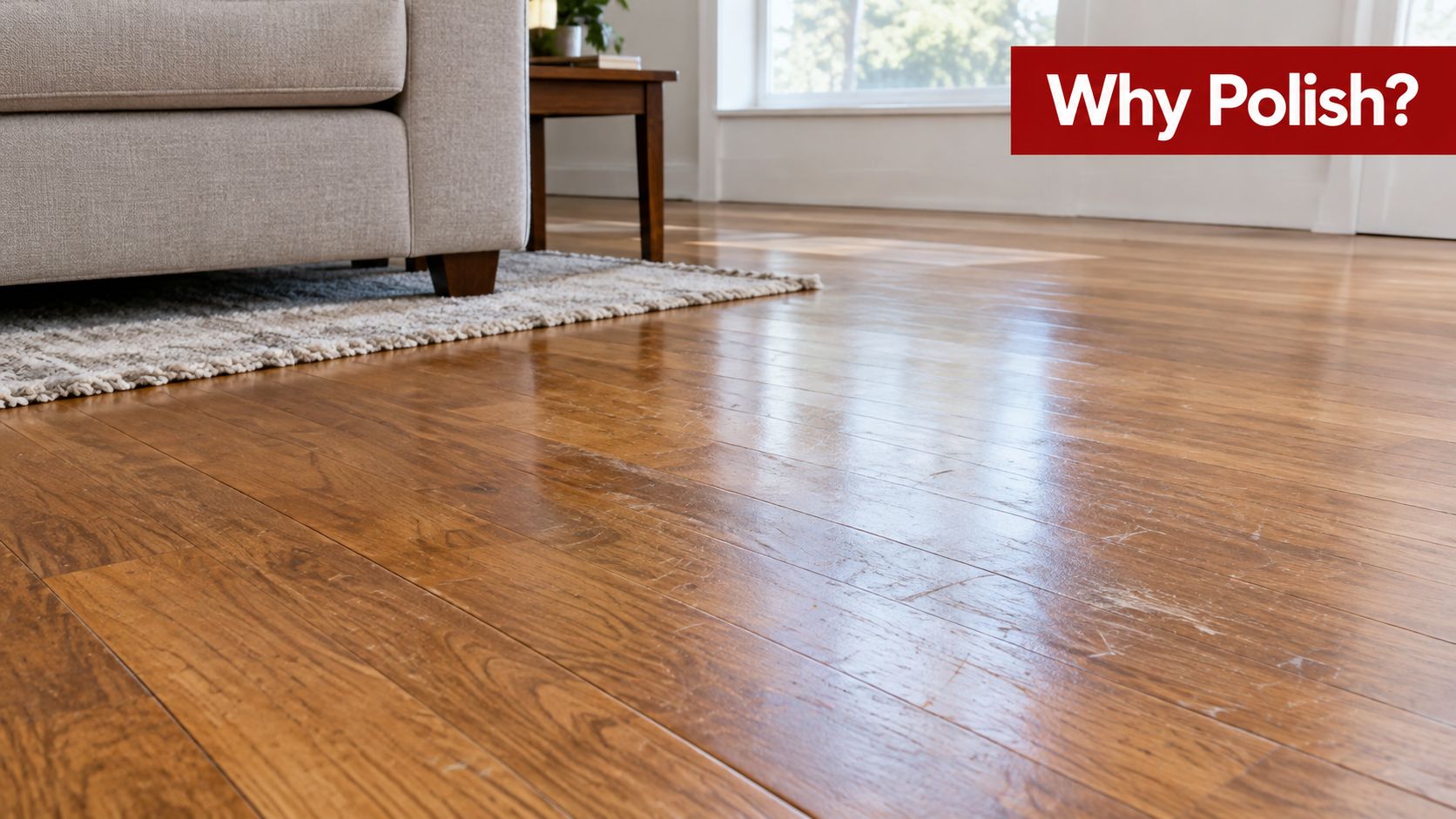 A close-up view of a scratched wooden floor in a living room, highlighting a need for maintenance.