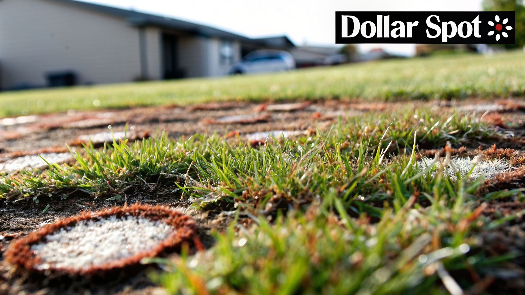 Close-up of green grass with white frosty or fungal patches on soil in a lawn.