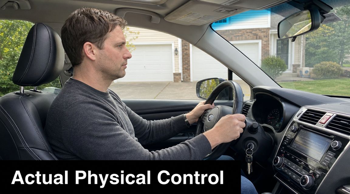 A man sitting in the driver's seat of a car, hands on the steering wheel, in a residential driveway.