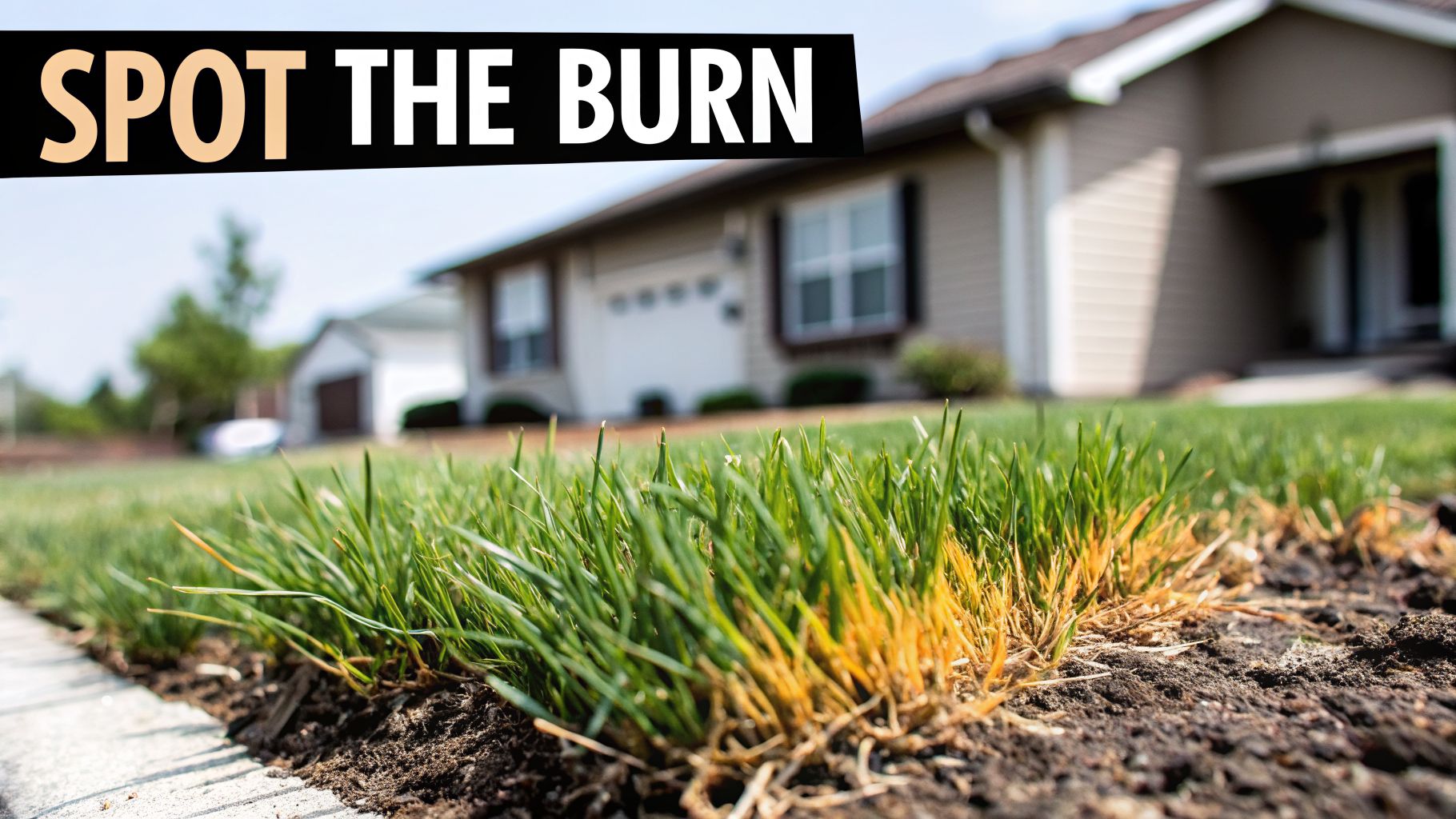 Yellow, burnt grass along a sidewalk in a residential lawn, a house in the background. 'Spot the Burn' title.