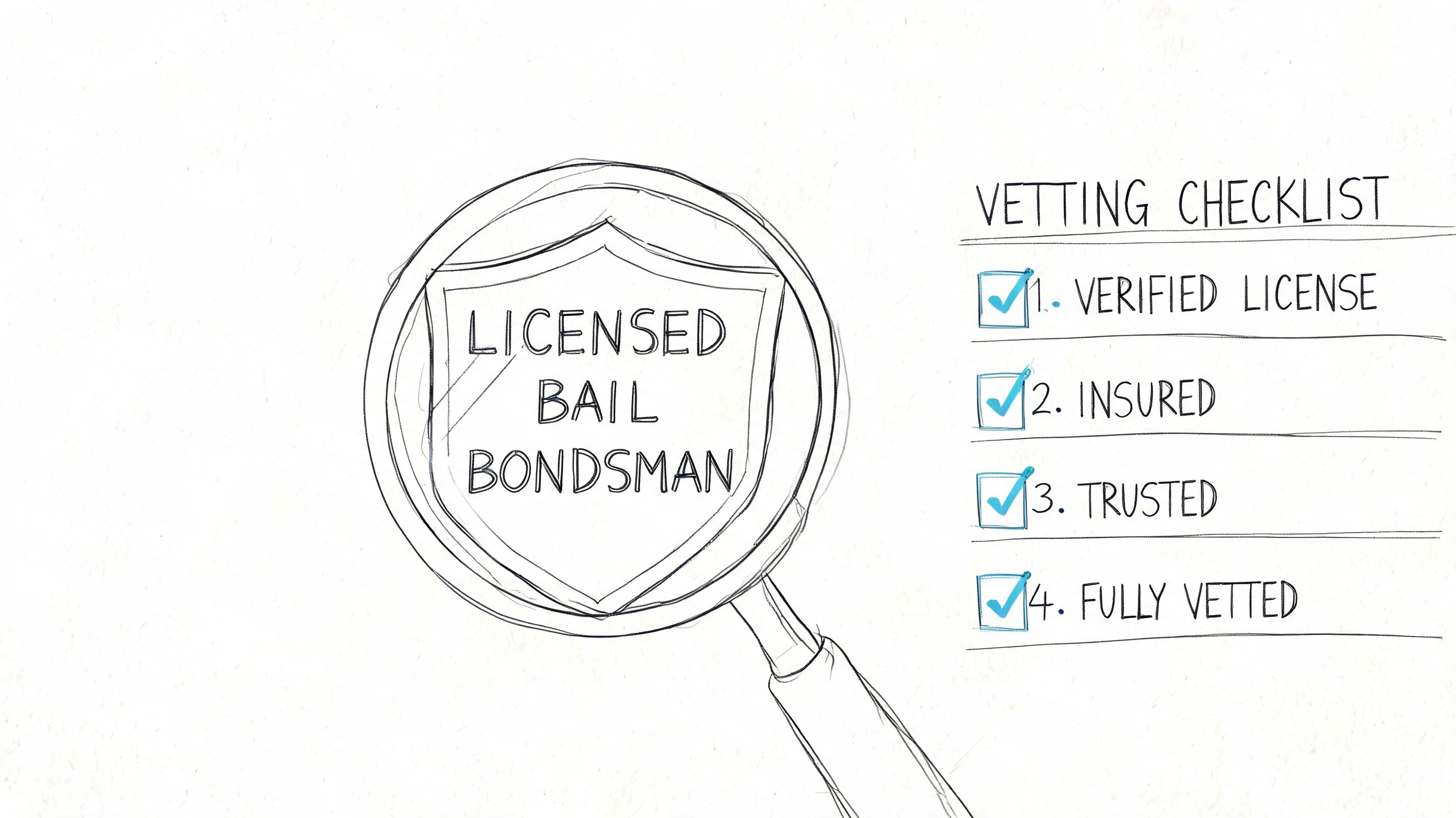 A hand-drawn illustration showing a magnifying glass over a shield with the words Licensed Bail Bondsman.