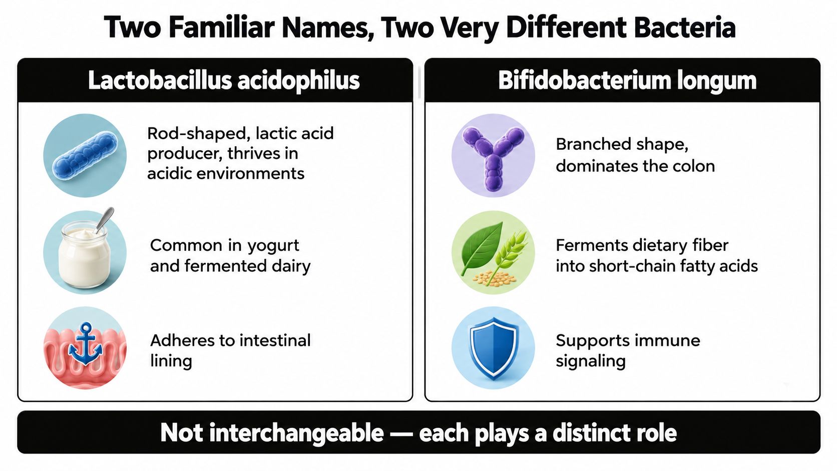 A comparison infographic showing key characteristics and roles of Lactobacillus acidophilus versus Bifidobacterium longum bacteria strains.