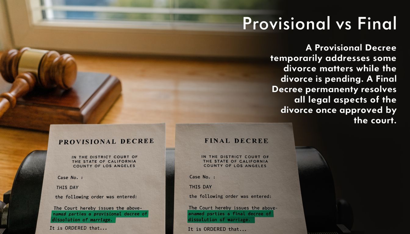 A gavel resting on a table beside documents labeled Provisional Decree and Final Decree for legal divorce.