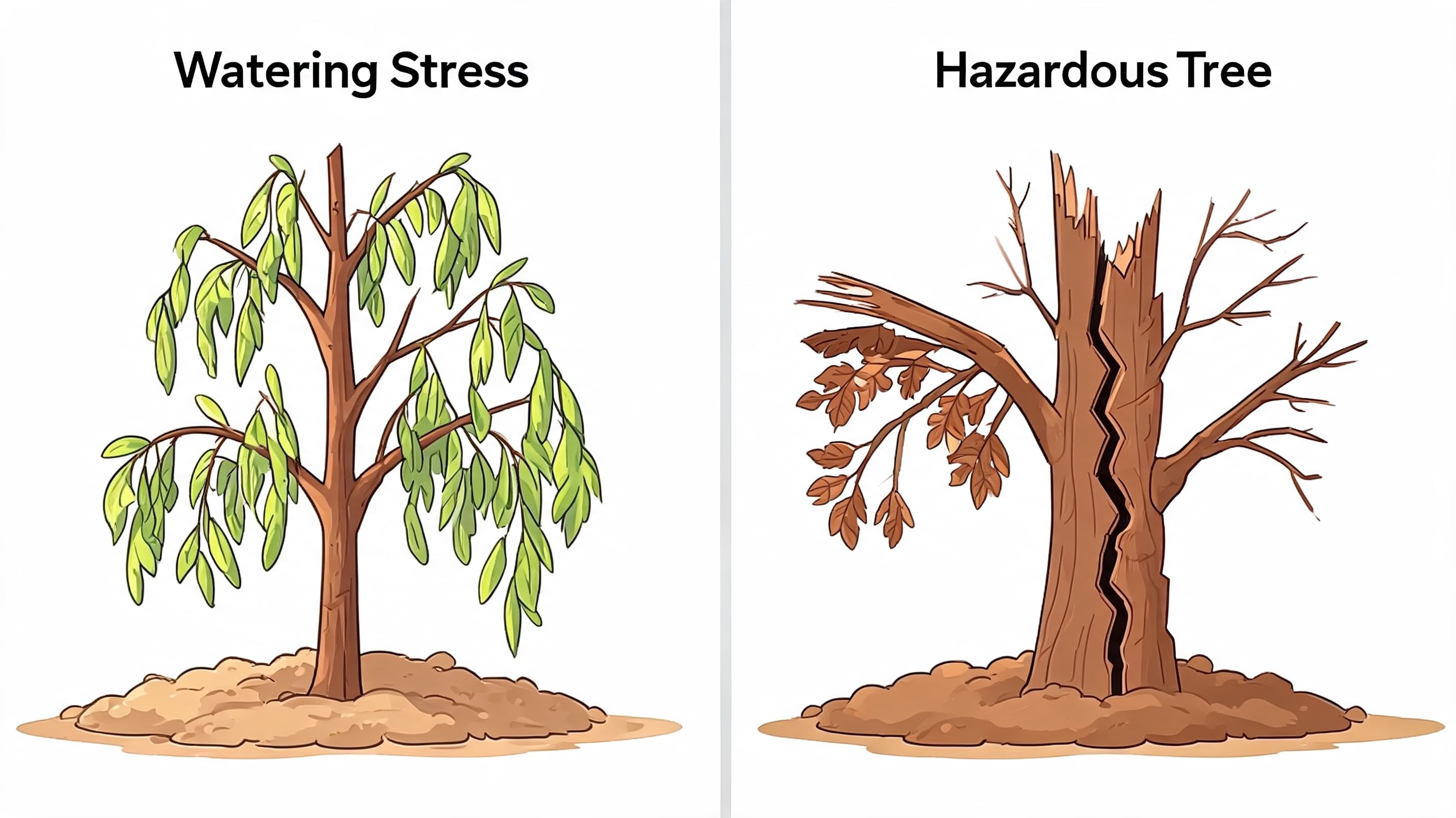 An illustration comparing a young tree showing watering stress with a cracked, hazardous dead tree.