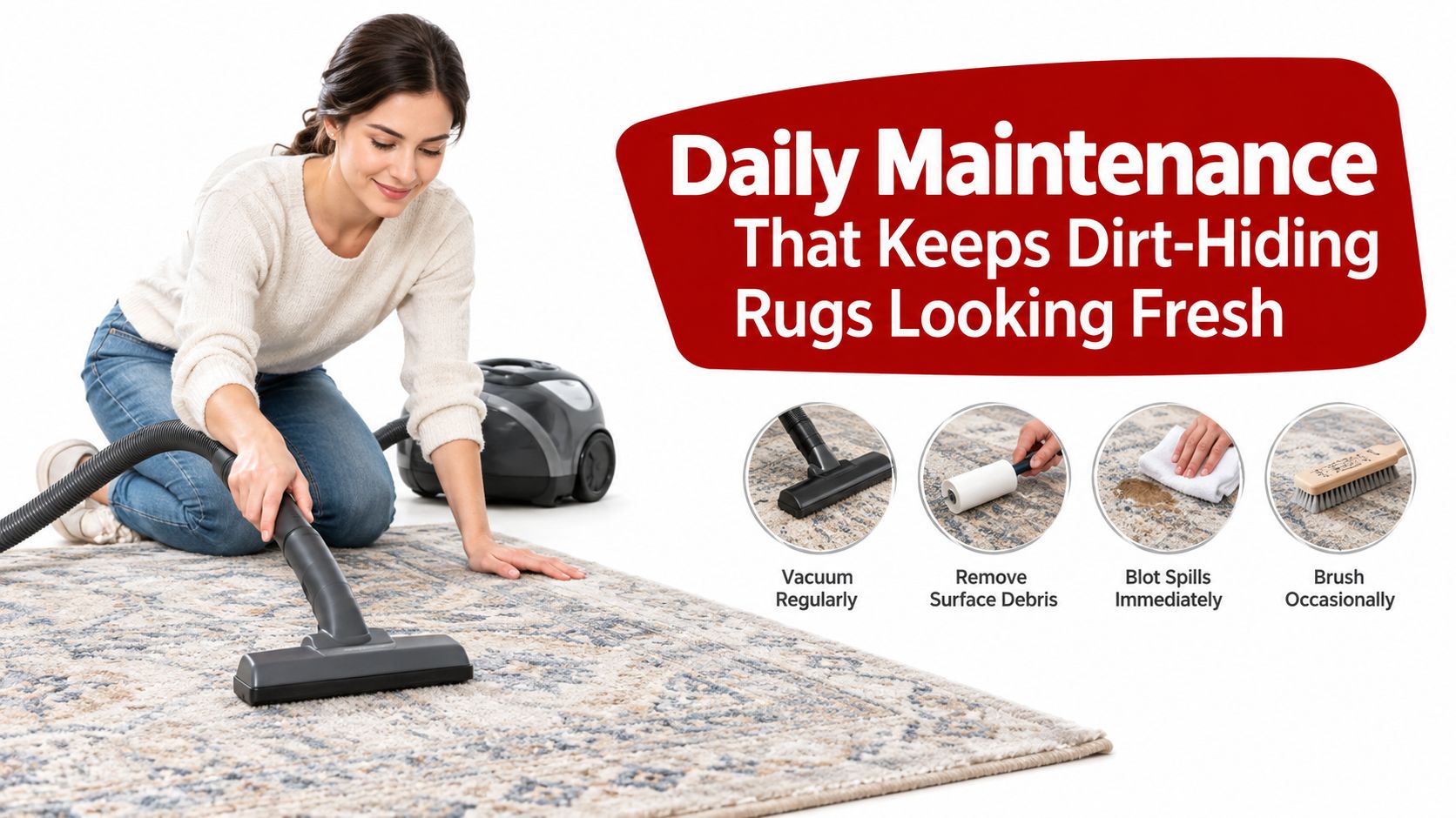 A woman cleaning a patterned rug with a vacuum cleaner with tips for maintaining rugs that hide dirt.