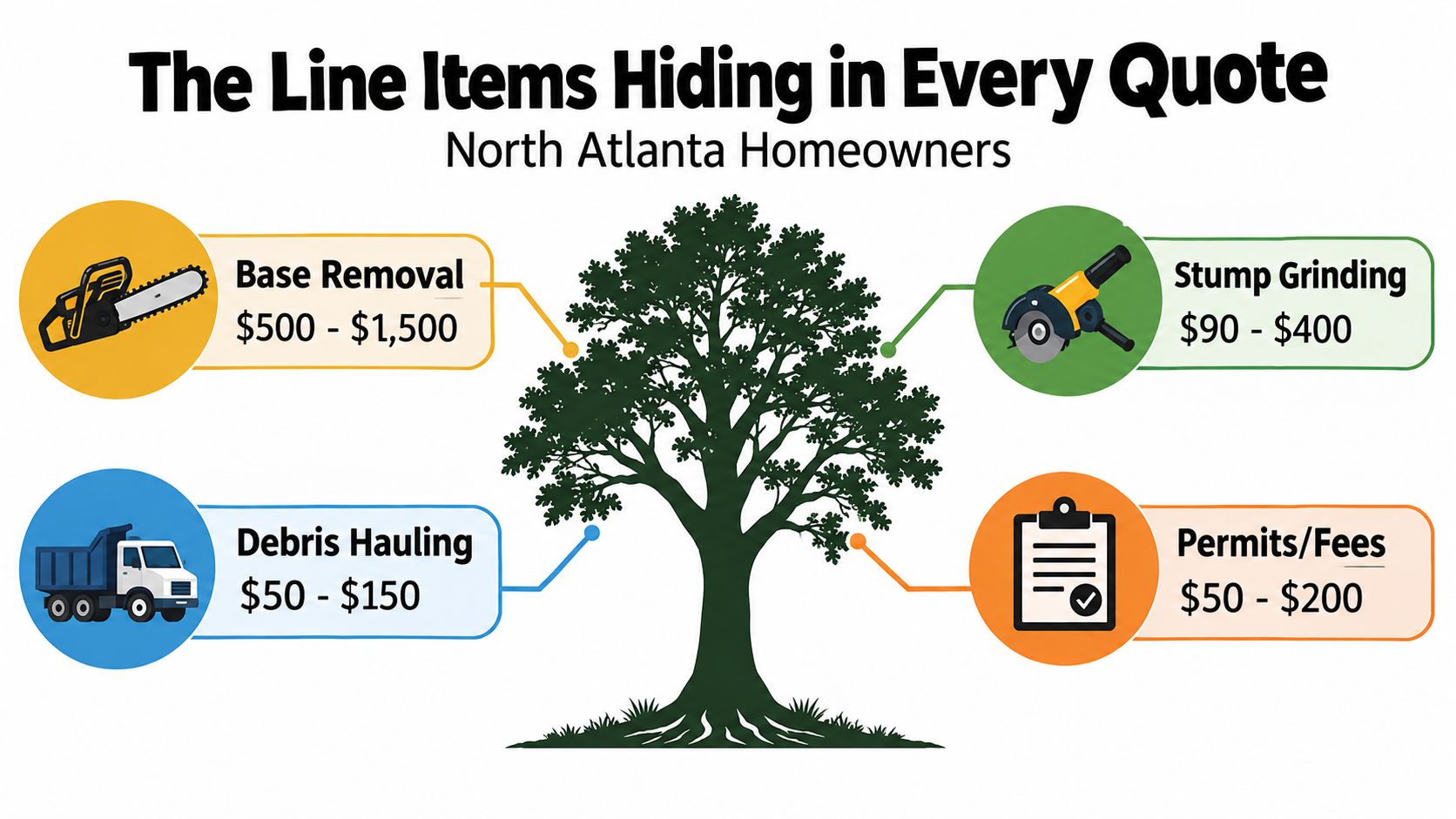 An infographic detailing various cost line items for tree removal services for homeowners in North Atlanta.