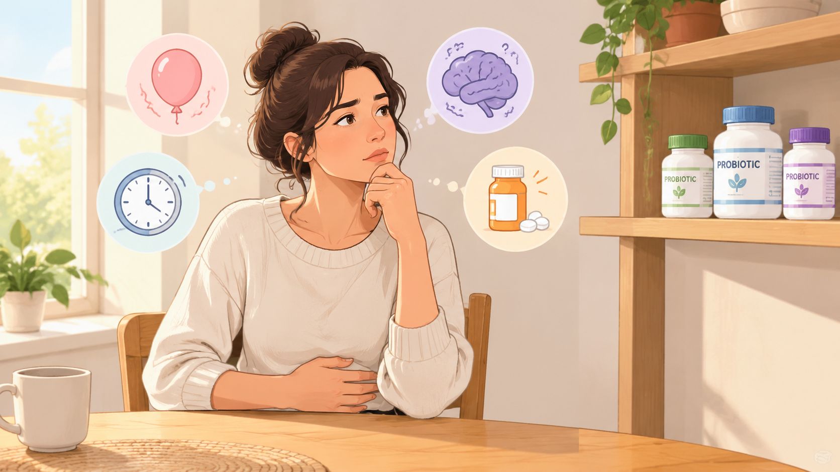 A pensive woman contemplating her gut health and probiotics with thoughts of bloating and brain function.