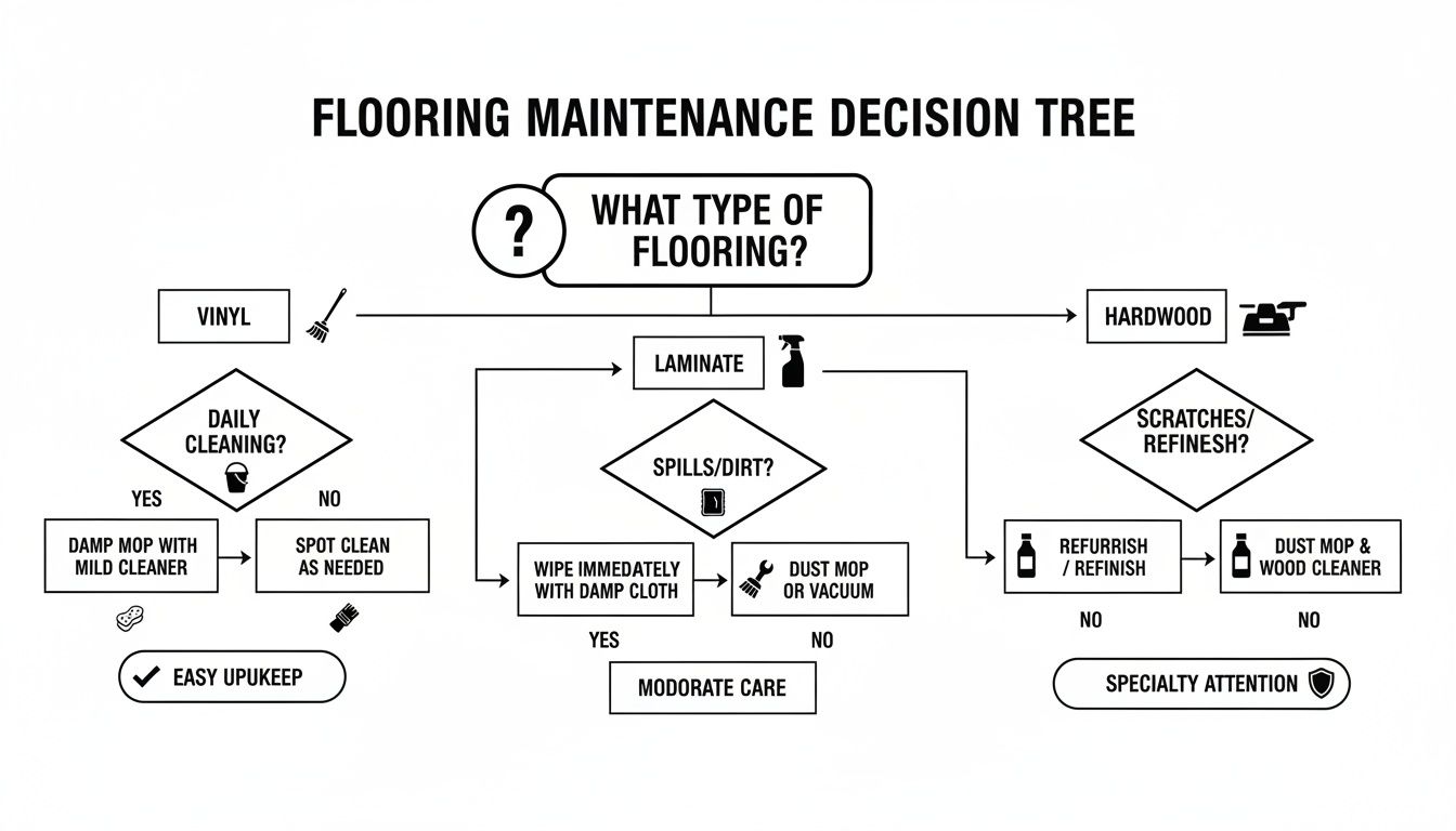 Flooring maintenance decision tree comparing care for vinyl, laminate, and hardwood floors.