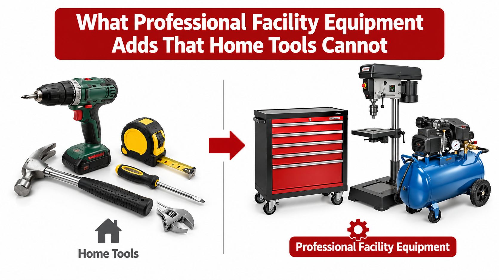 A comparison image contrasting basic handheld home tools with heavy-duty professional facility equipment like a drill press.