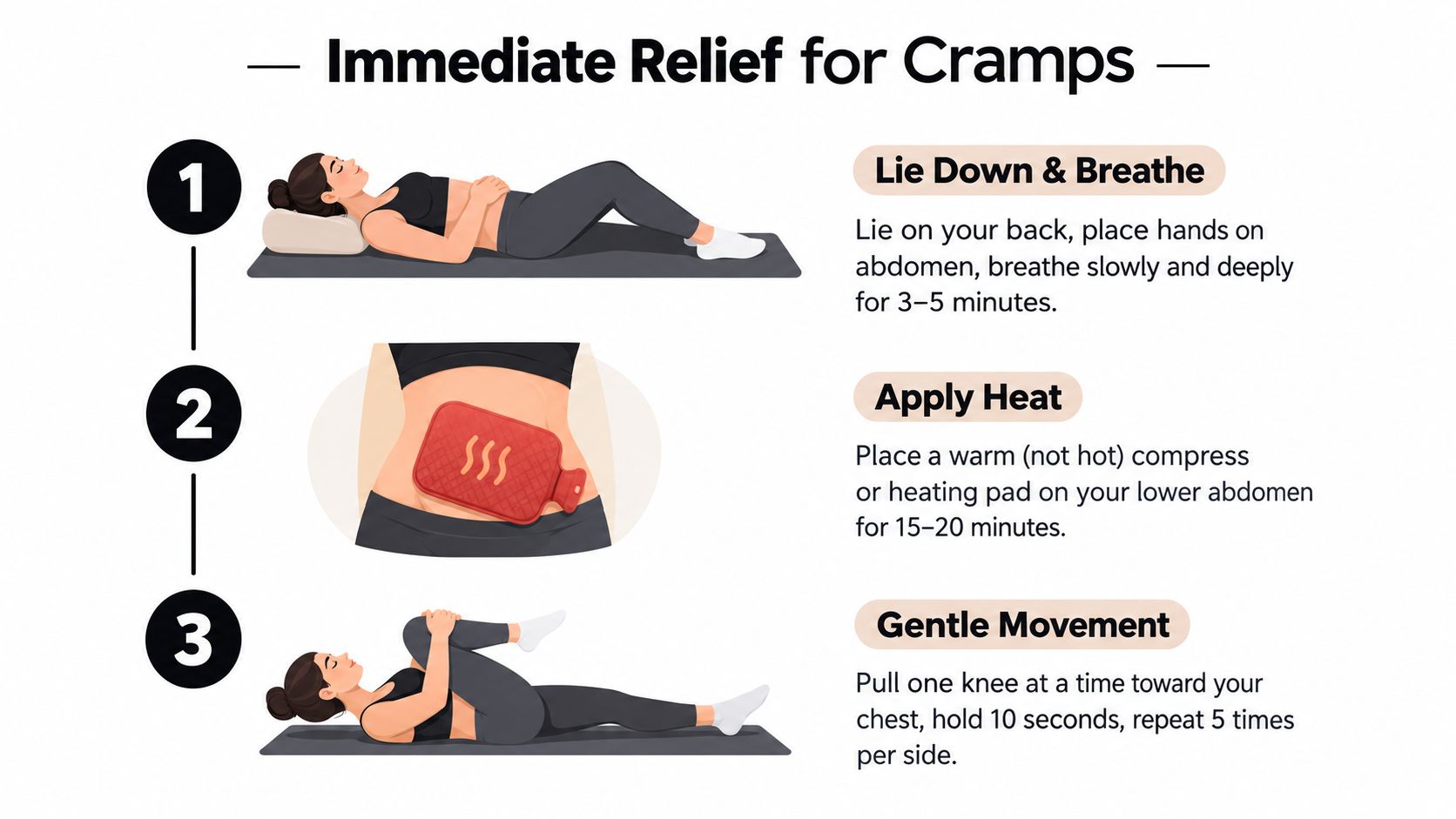 An infographic showing three steps to relieve stomach cramps including resting, heat application, and gentle stretches.