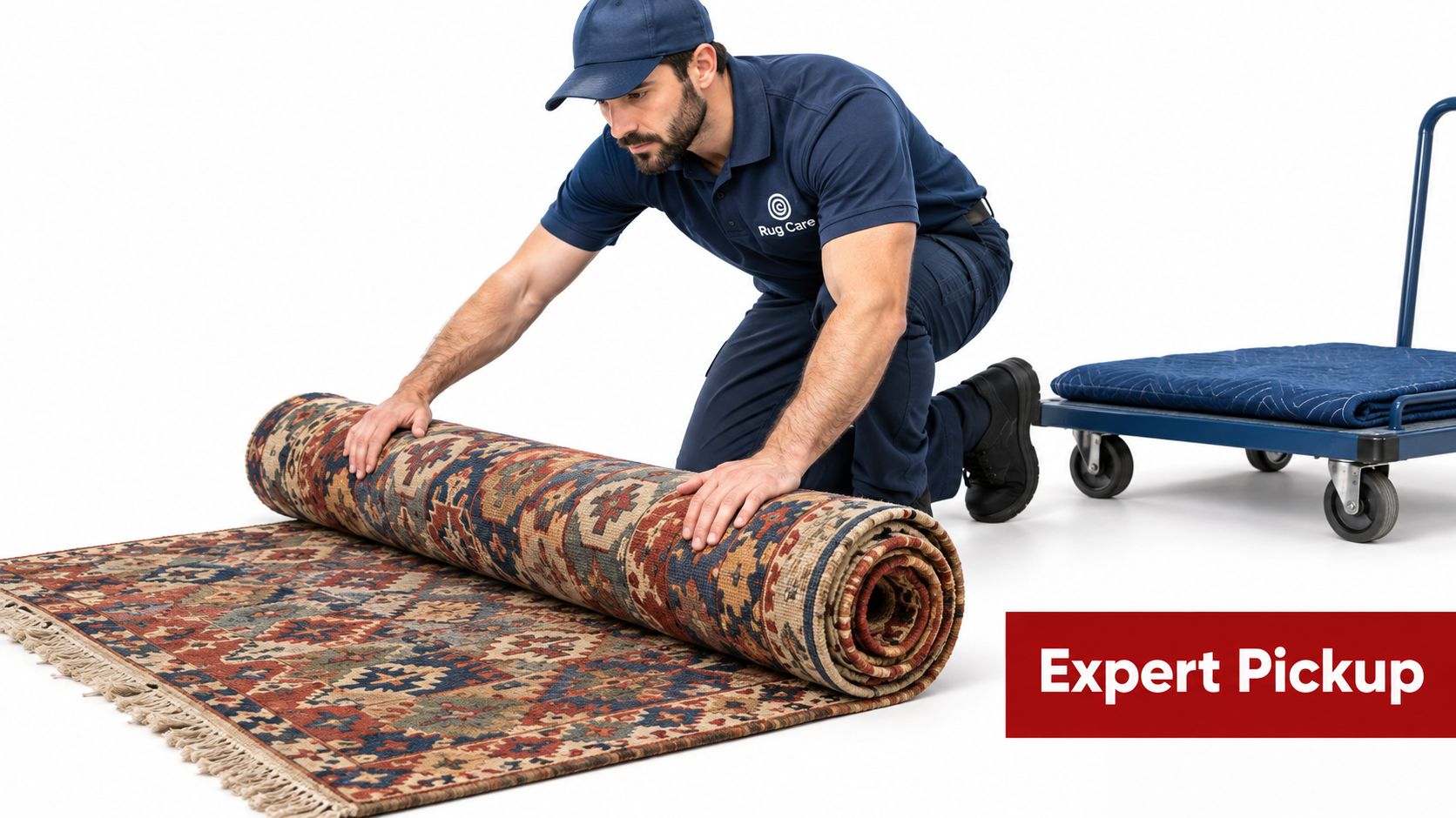 A professional Rug Care service technician kneeling and rolling up a traditional hand-woven patterned rug.