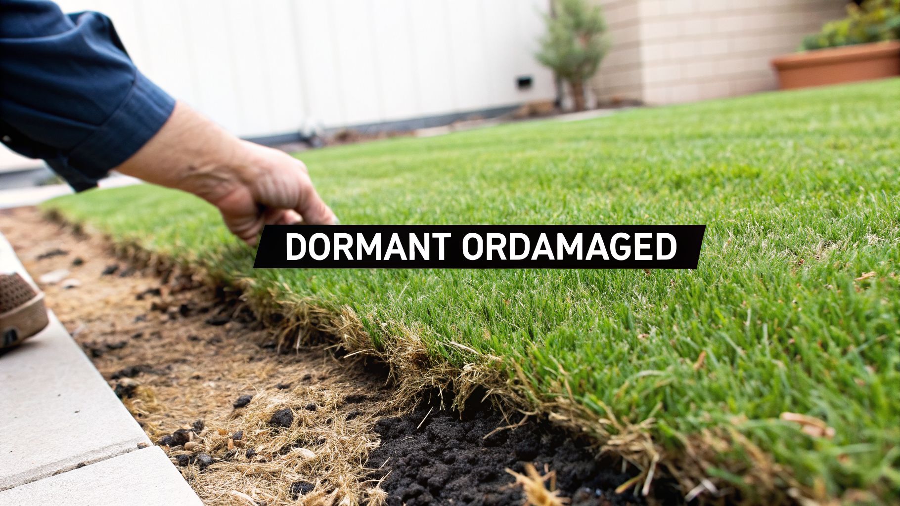 A person's hand inspecting green grass next to exposed soil, featuring the text "DORMANT OR DAMAGED".