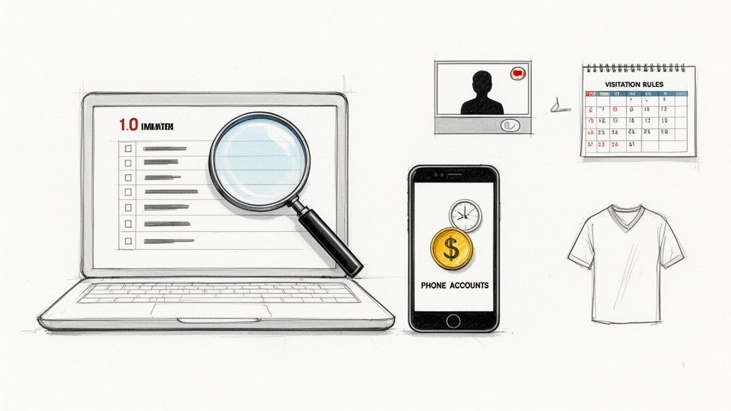 Sketches of a laptop for review, smartphone with phone accounts, video call, visitation rules calendar, and t-shirt.