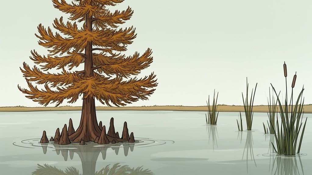 Illustration of a bald cypress tree with brown foliage and knees in calm water, alongside green reeds and cattails.