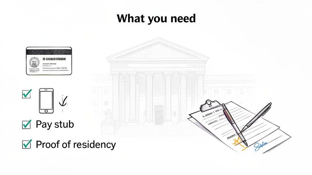 Illustration of required documents: an ID card, smartphone, pay stub, proof of residency, and signed legal forms.