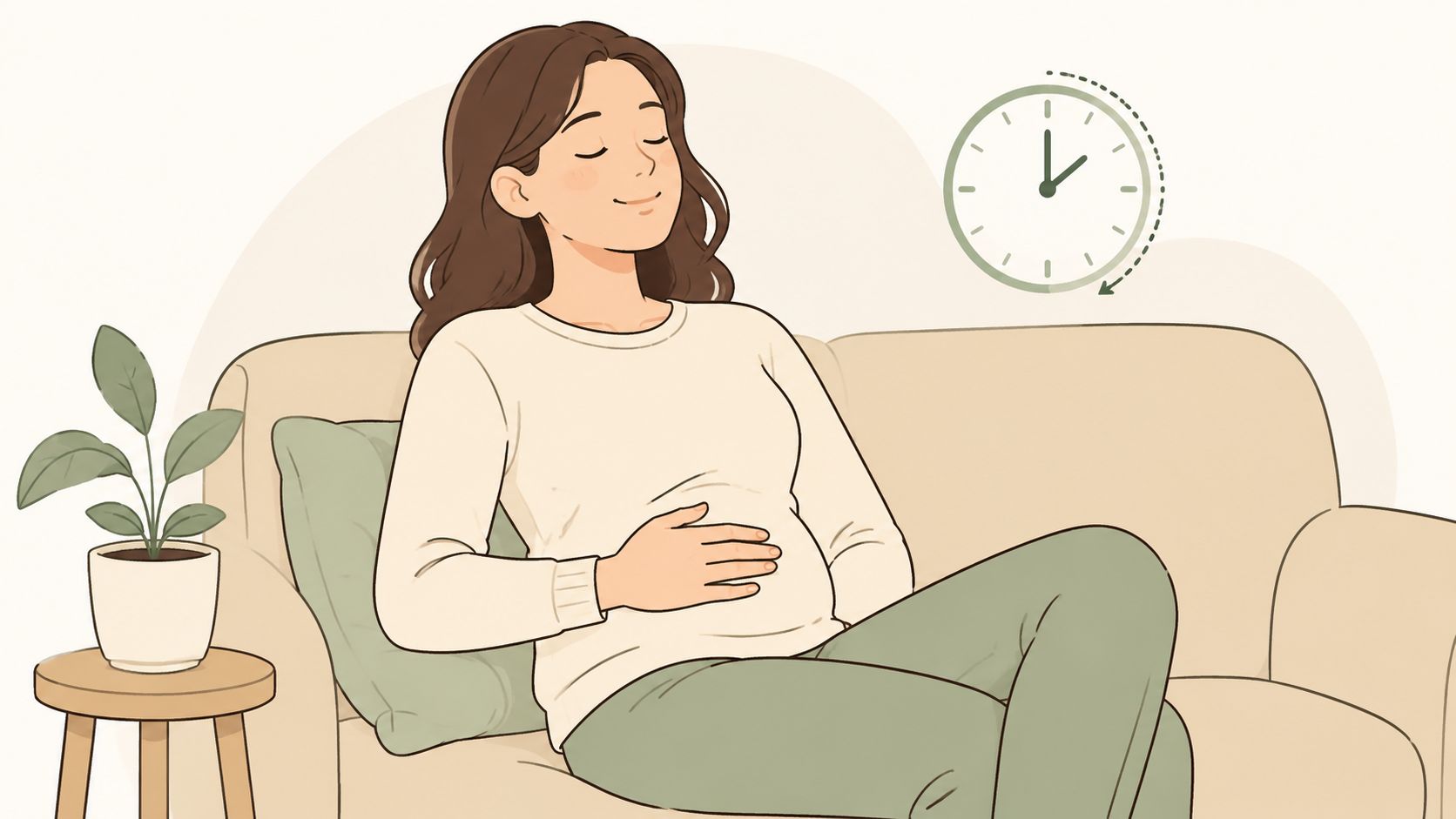 A pregnant woman relaxing on a couch, holding her stomach, representing pregnancy comfort and wellness.