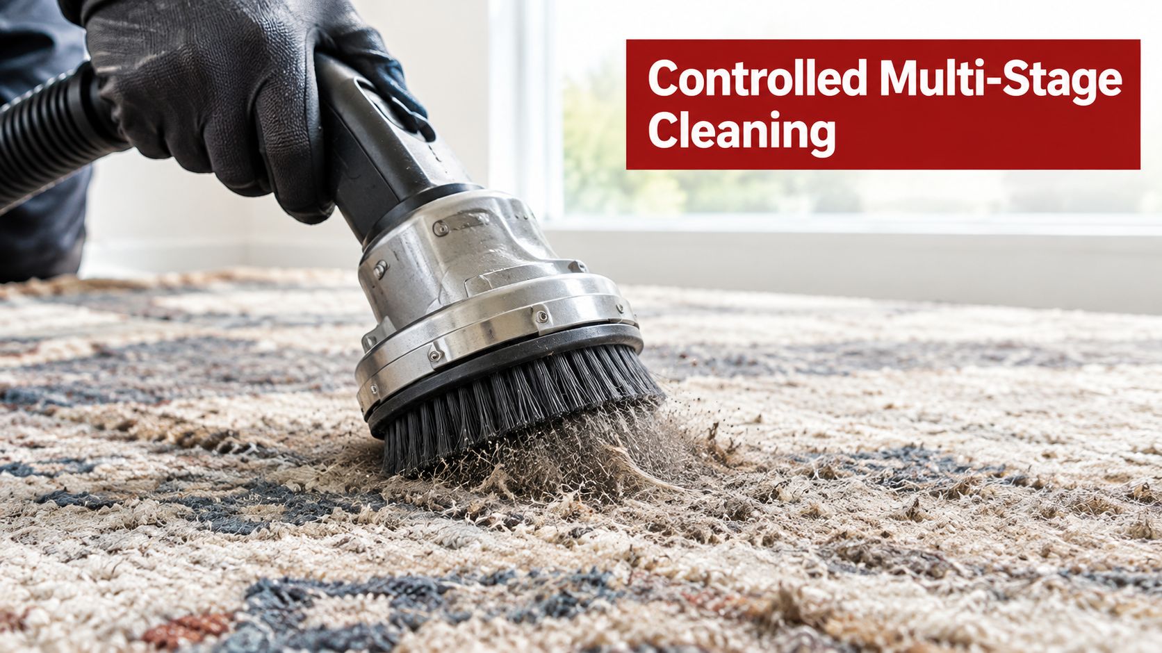 A gloved hand uses a professional vacuum brush attachment to deep clean a textured patterned carpet.