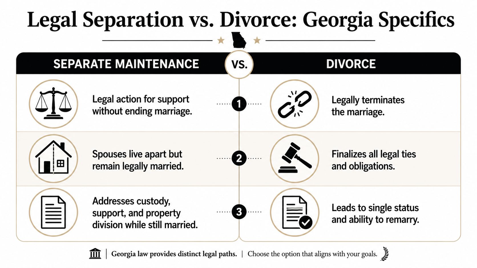 A comparison chart showing the legal differences between separate maintenance and divorce in the state of Georgia.
