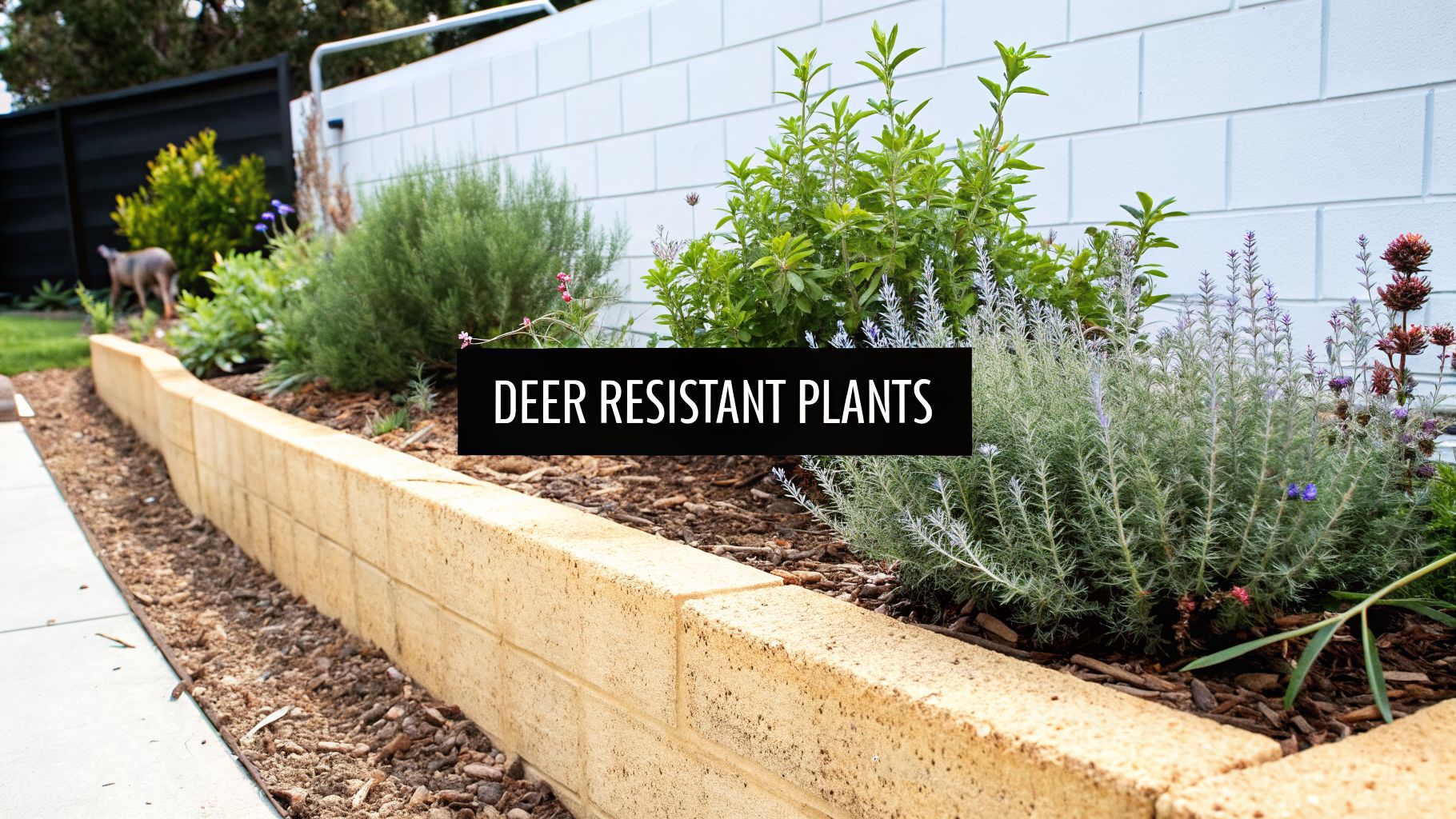 A garden bed filled with various deer-resistant plants, a light brick retaining wall, and a text overlay.