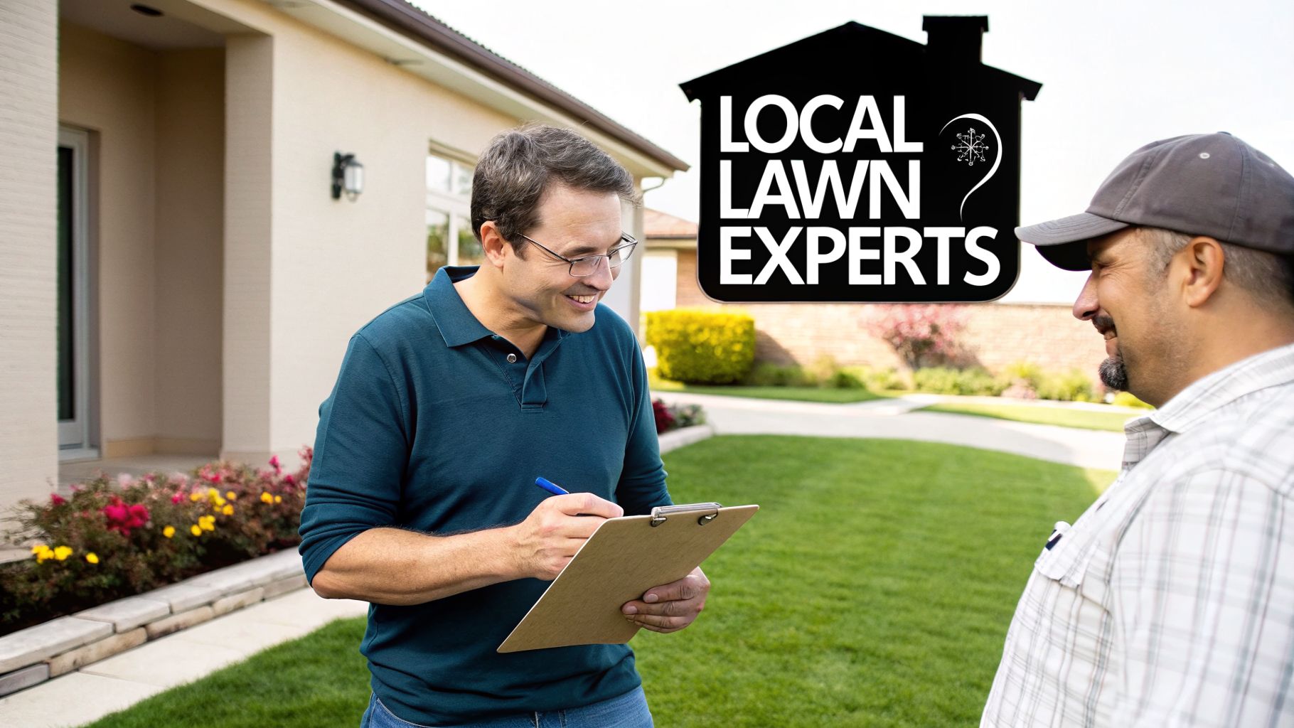 A smiling man signs paperwork with a lawn expert in front of a house and green lawn.