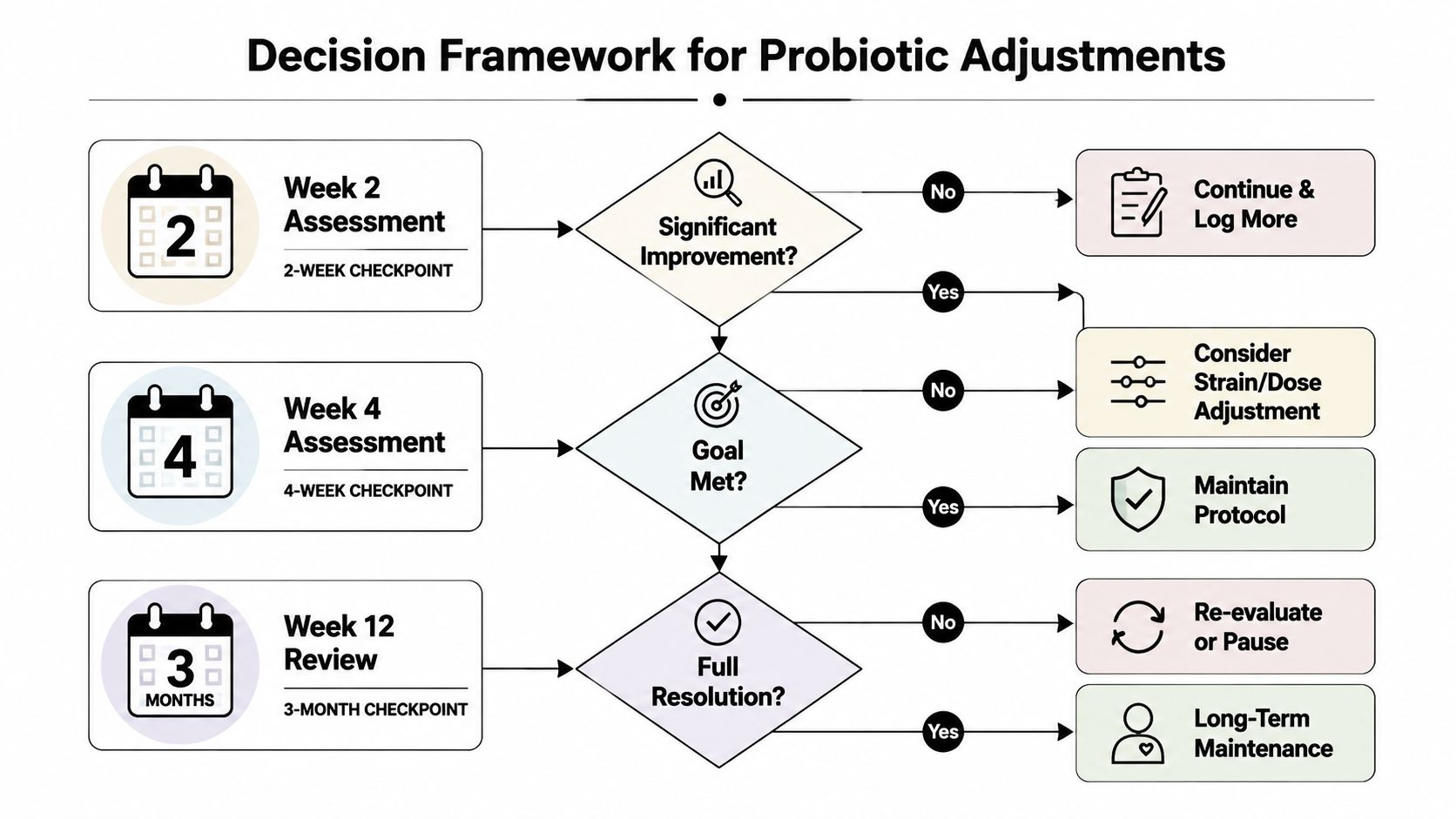 A decision framework flow chart illustrating the process for adjusting probiotics at two, four, and twelve weeks.