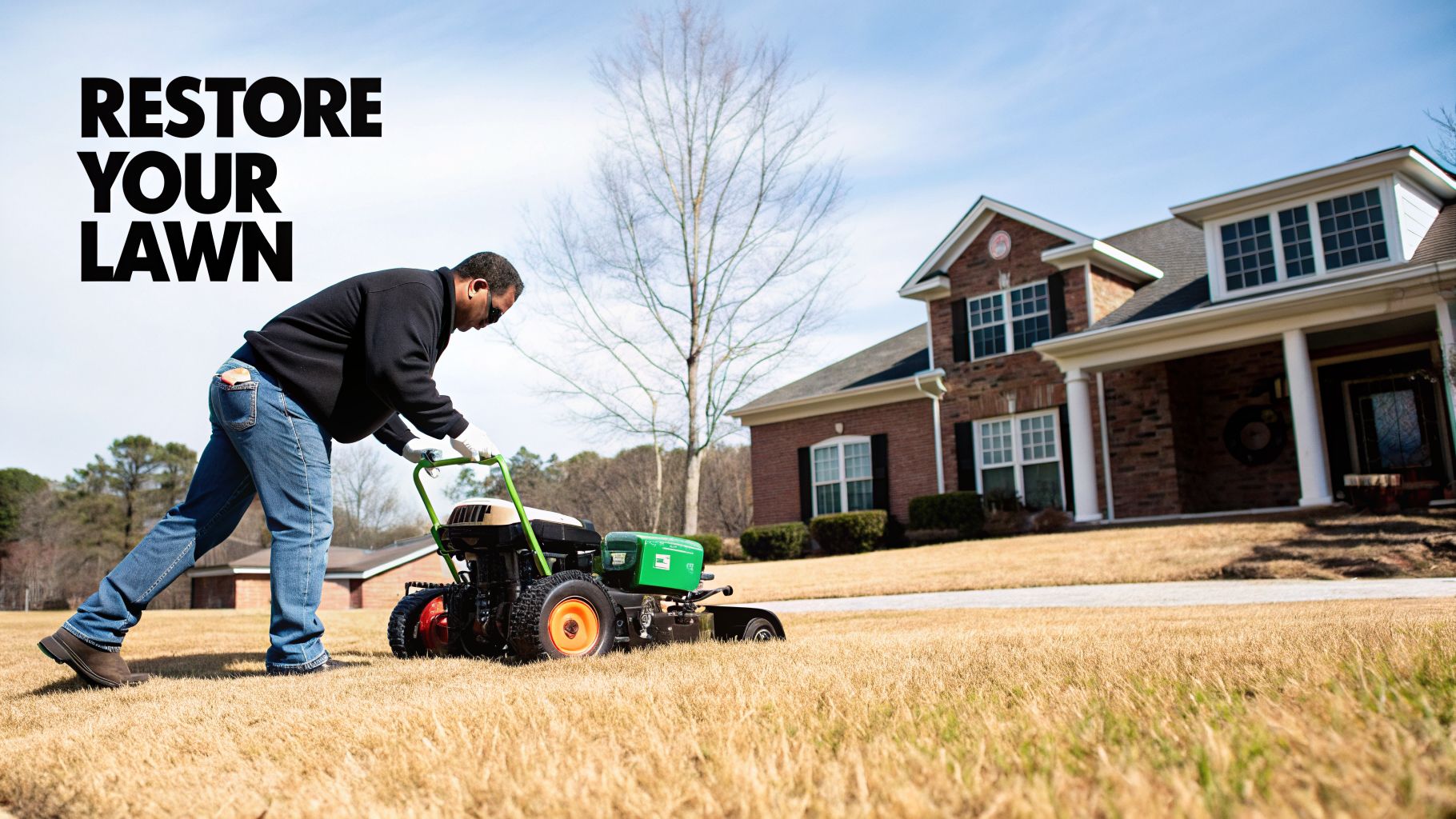 Man in sunglasses and gloves operating a lawn aerator on a dry residential lawn.