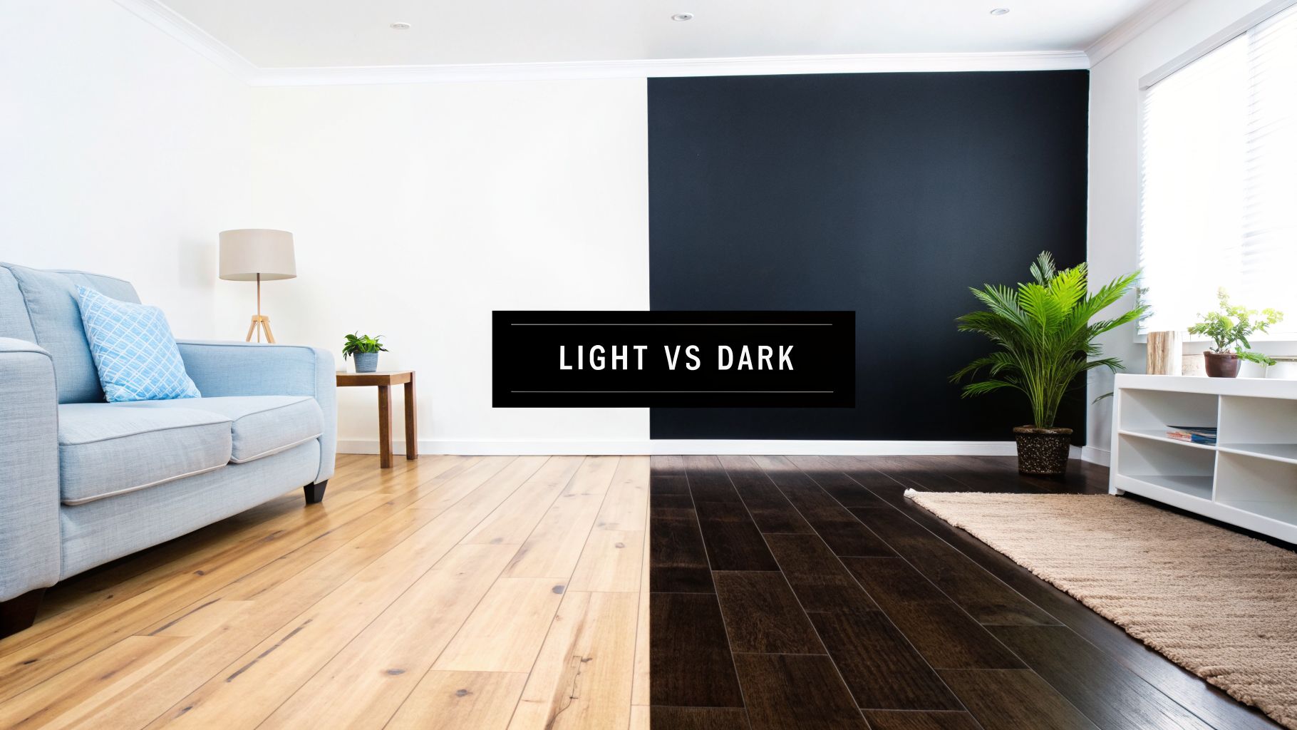 A room split into light and dark halves, showcasing contrasting wood flooring and wall colors.