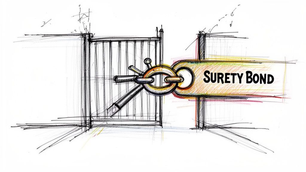 A pencil sketch illustration of a closed gate secured with a golden link labeled Surety Bond.