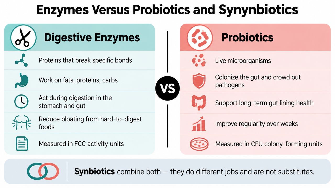A comparison chart explaining the functional differences between digestive enzymes, probiotics, and synbiotics for gut health.