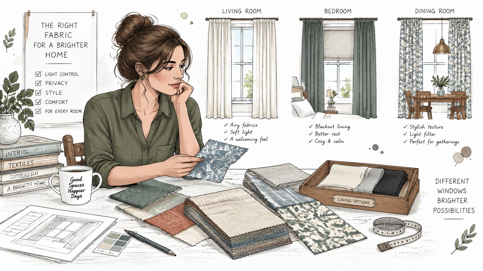 A designer choosing fabric samples for custom curtains to create a brighter home interior design.