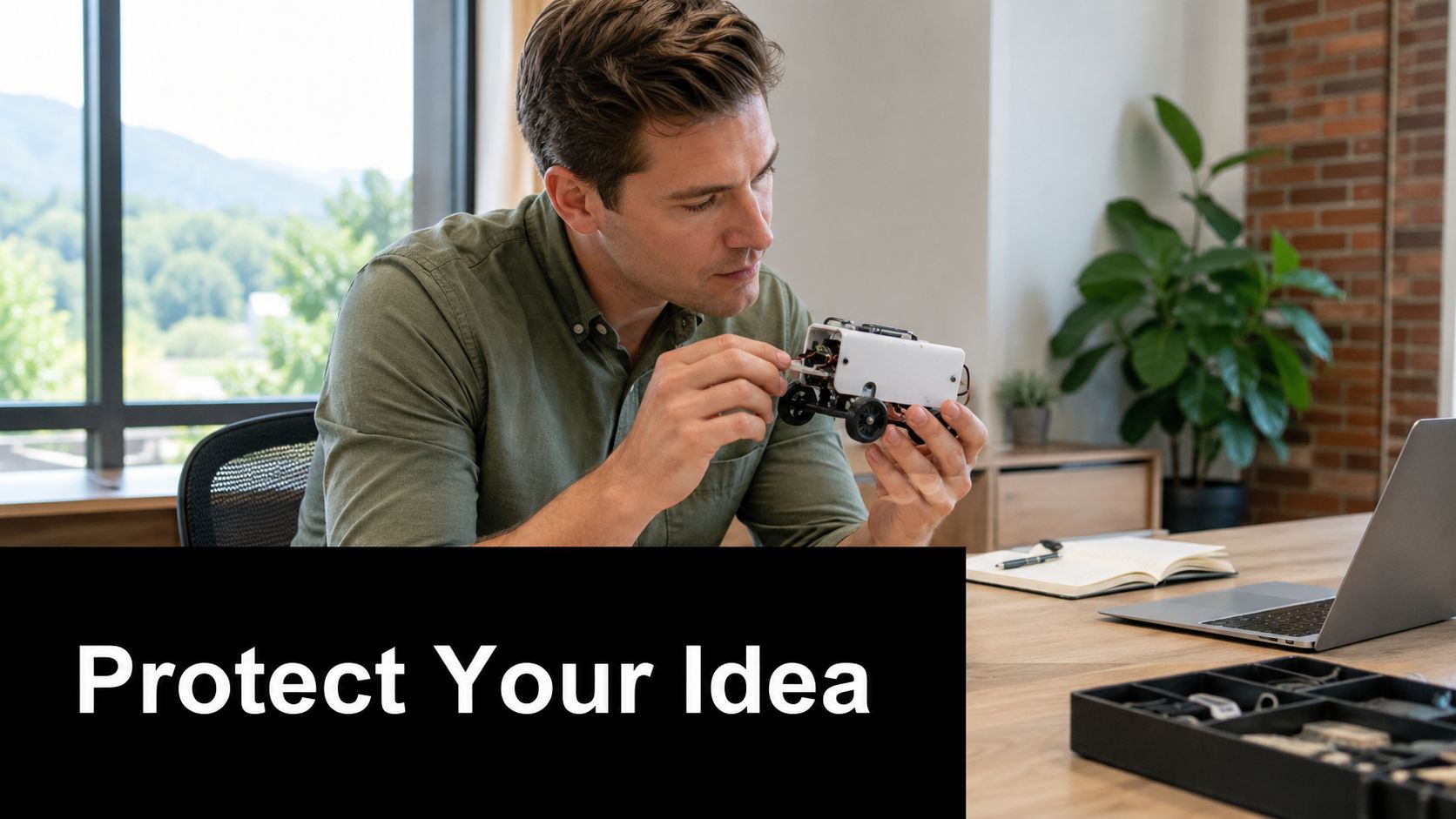 A young man sits at a desk in a bright office, working on a small robotic prototype.