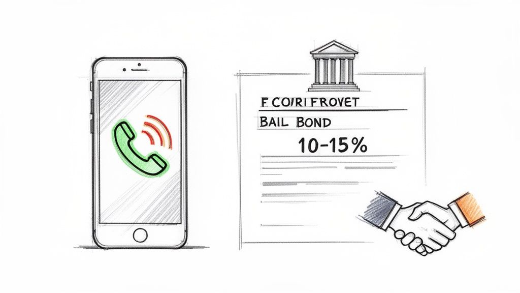 Sketch illustrating a phone call, a bail bond document showing '10-15%', and a handshake agreement.
