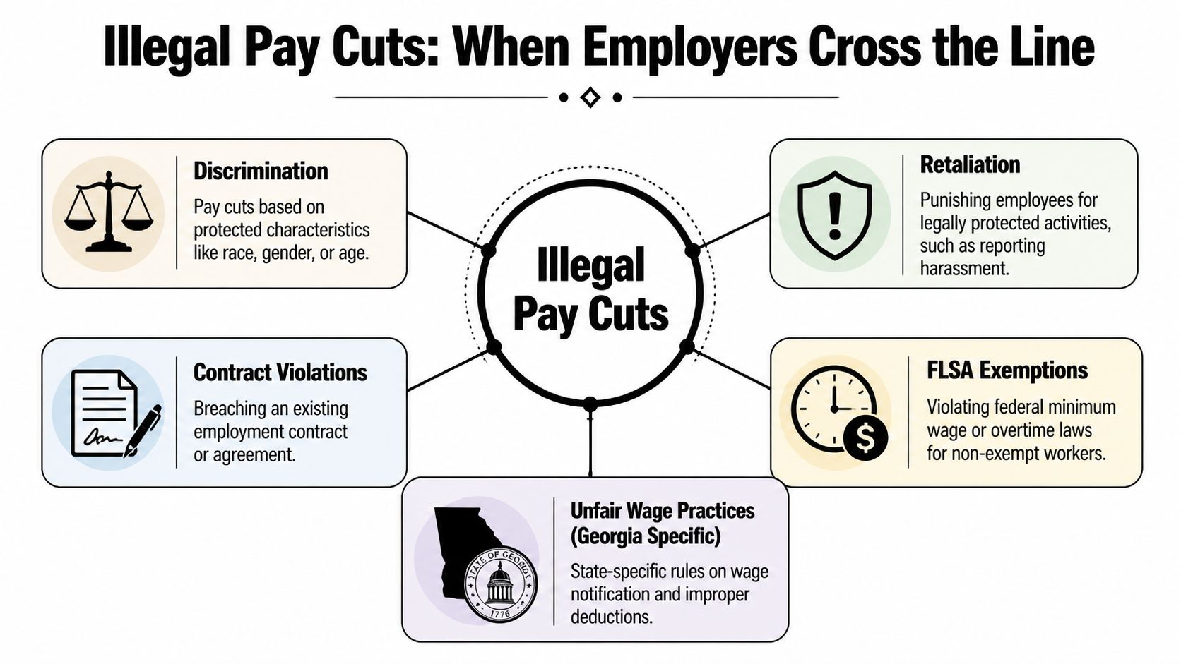 An infographic titled Illegal Pay Cuts outlining legal reasons why reducing employee wages is prohibited.