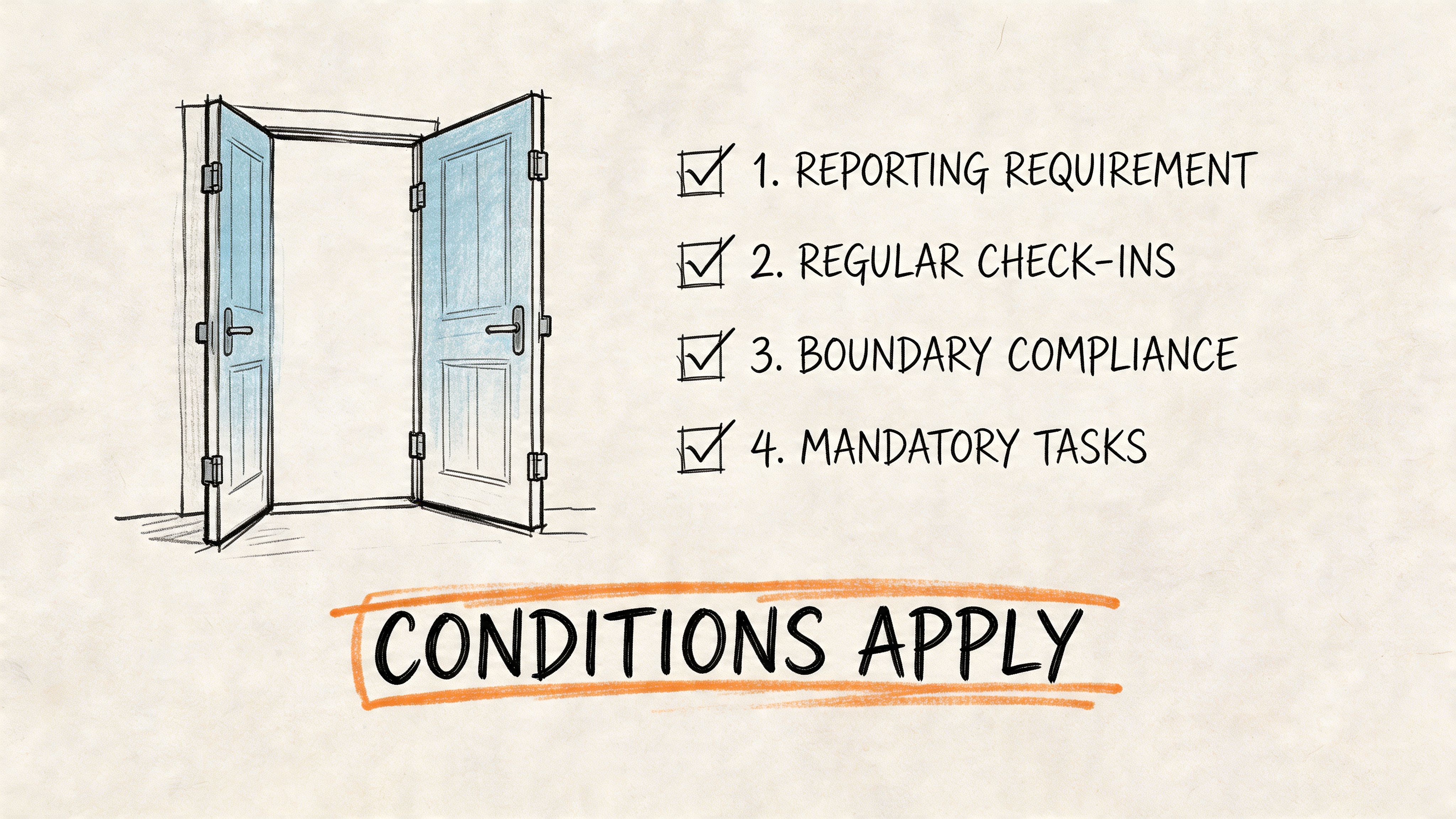 A conceptual illustration of an open door with a checklist of four conditions under the text Conditions Apply.