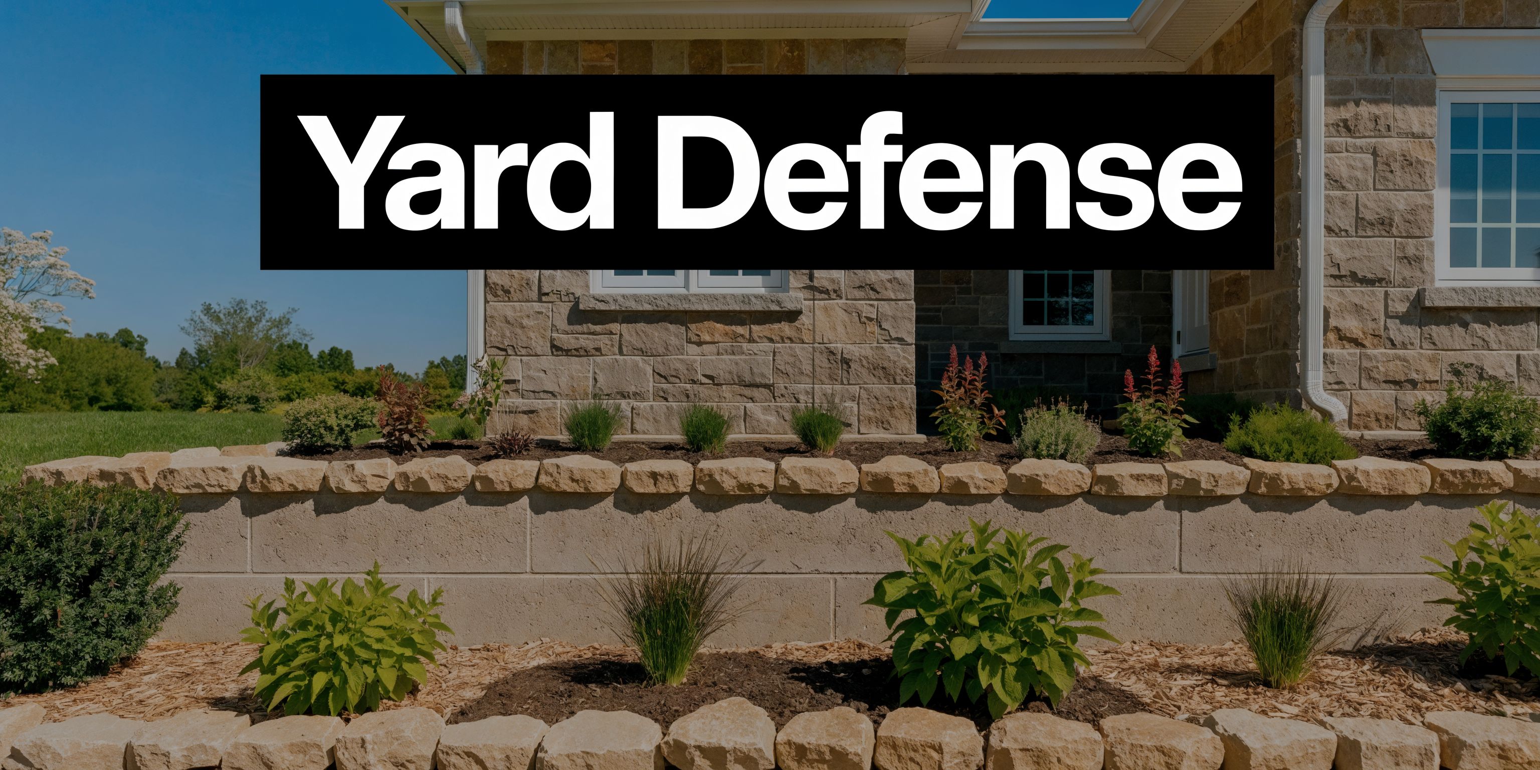 A neatly landscaped suburban home foundation with stone retaining walls and various green shrubs in mulch.