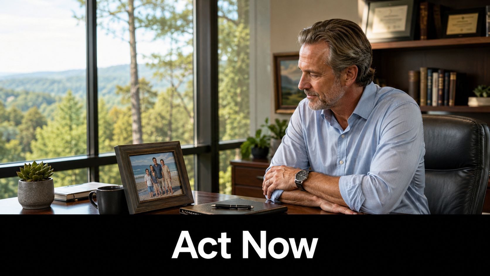A professional man sitting at his office desk, looking at a framed family photo near a window.