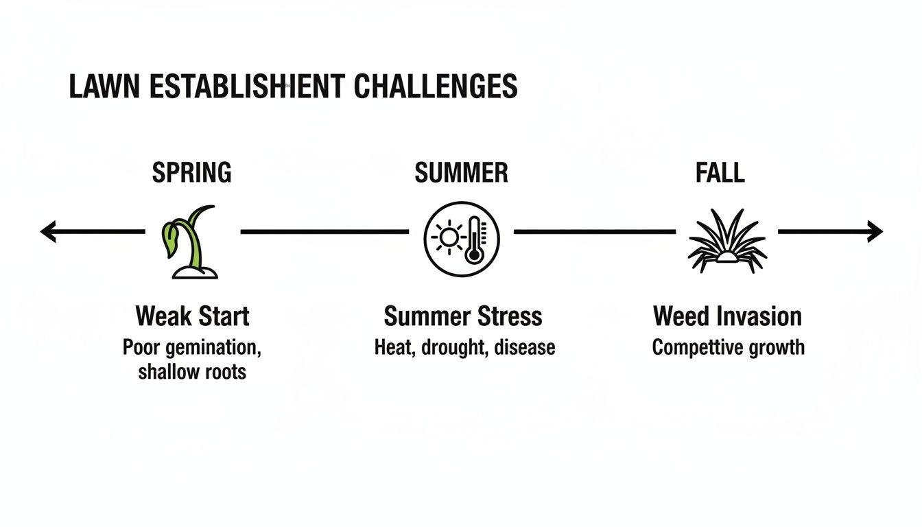 Diagram illustrating seasonal challenges for lawn establishment, including weak start, summer stress, and fall weed invasion.